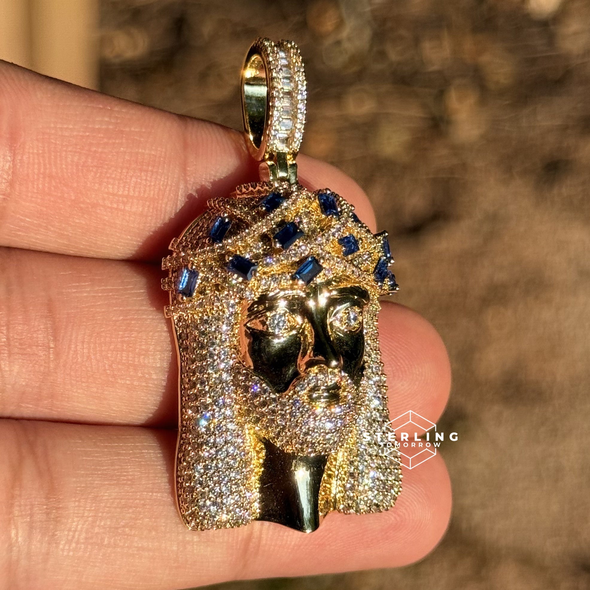 Jesus Iced Out Pendant with Blue Sapphire Crown