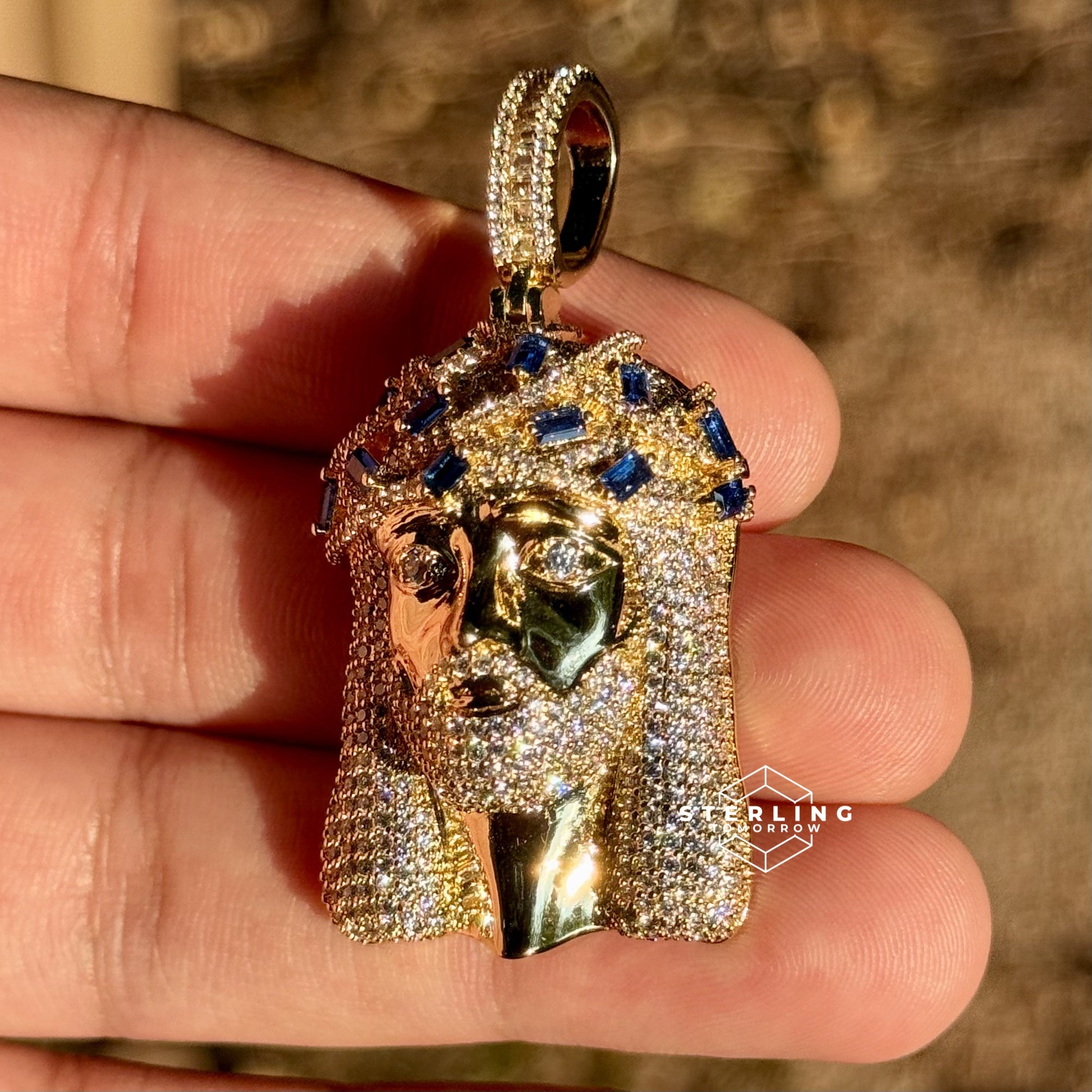 Jesus Iced Out Pendant with Blue Sapphire Crown