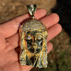 Large Gold Iced Out Jesus Pendant 14k Gold Plated + Steel Rope Chain