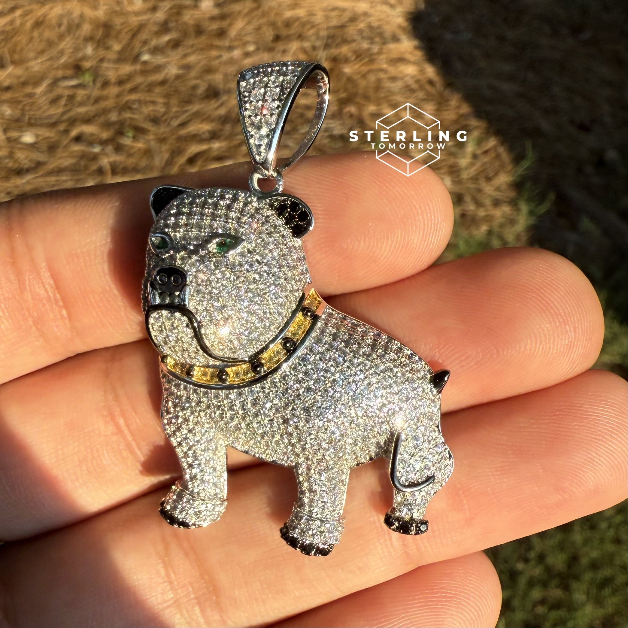 Bulldog with Green Eyes 925 Sterling Silver Pendant