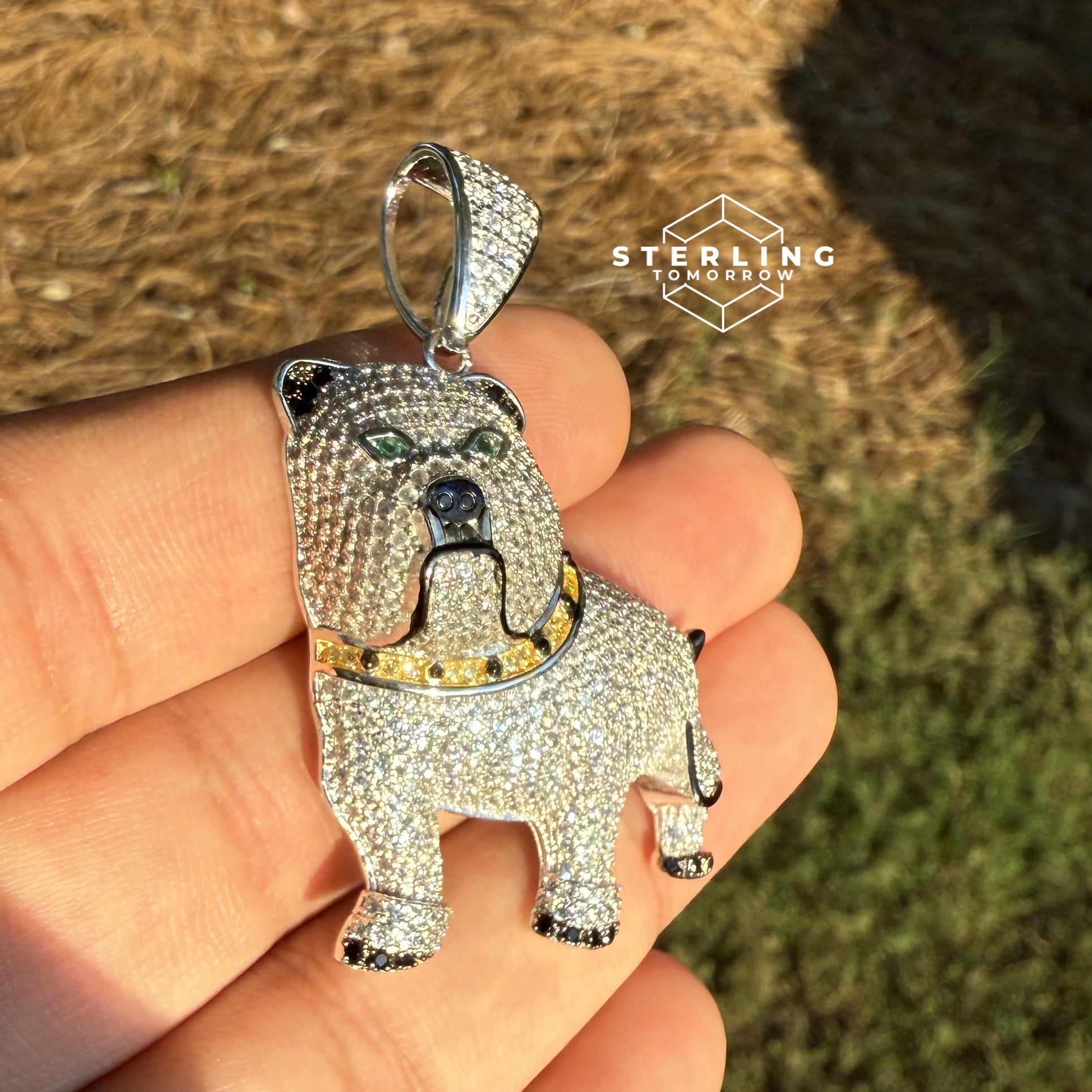 Bulldog with Green Eyes 925 Sterling Silver Pendant