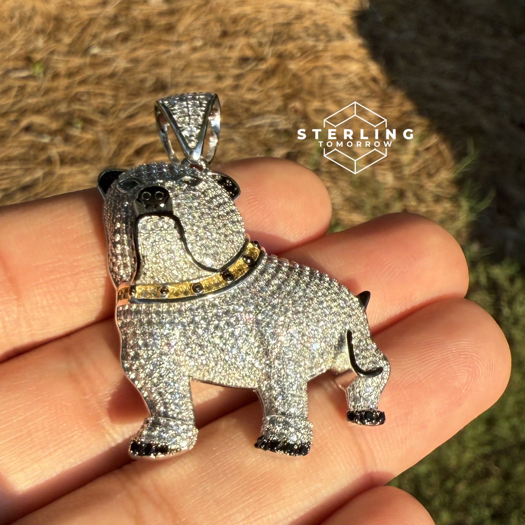 Bulldog with Green Eyes 925 Sterling Silver Pendant
