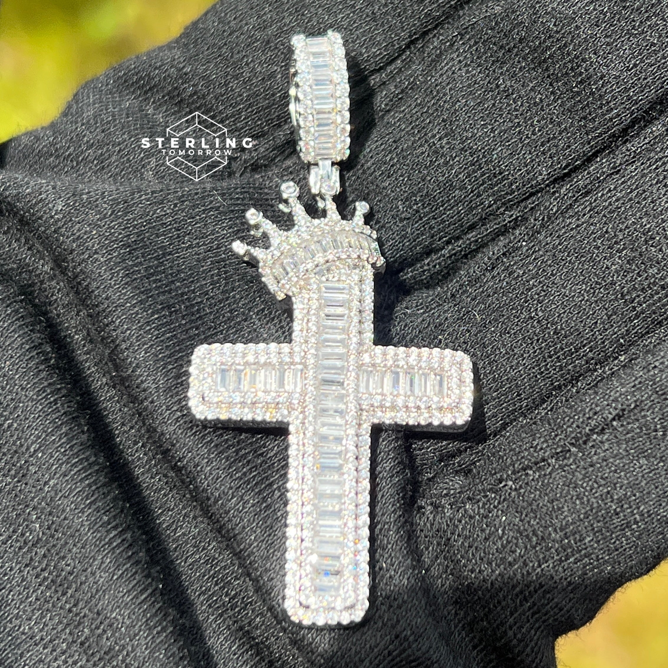 Cross with Crown Silver Iced Out Pendant