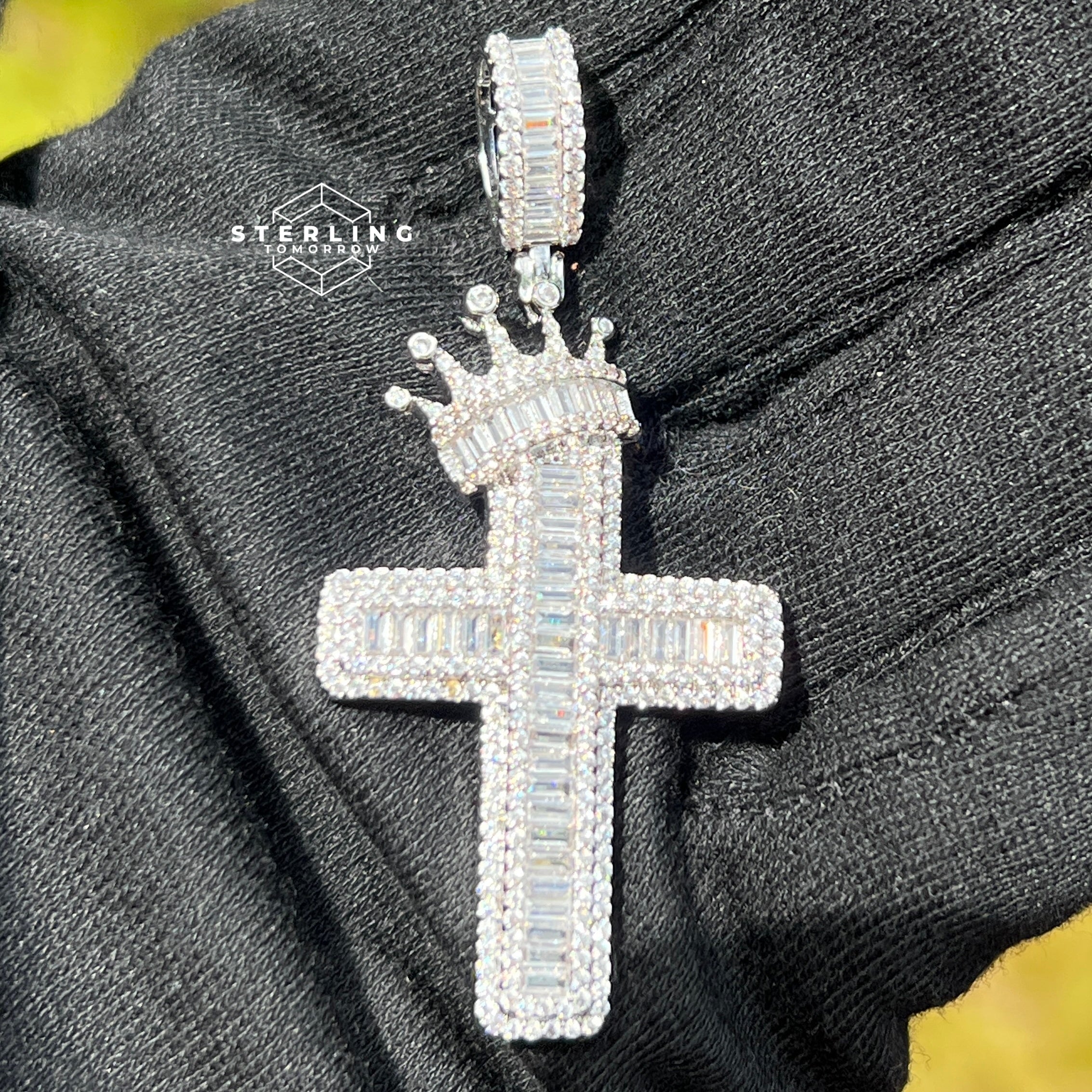Cross with Crown Silver Iced Out Pendant