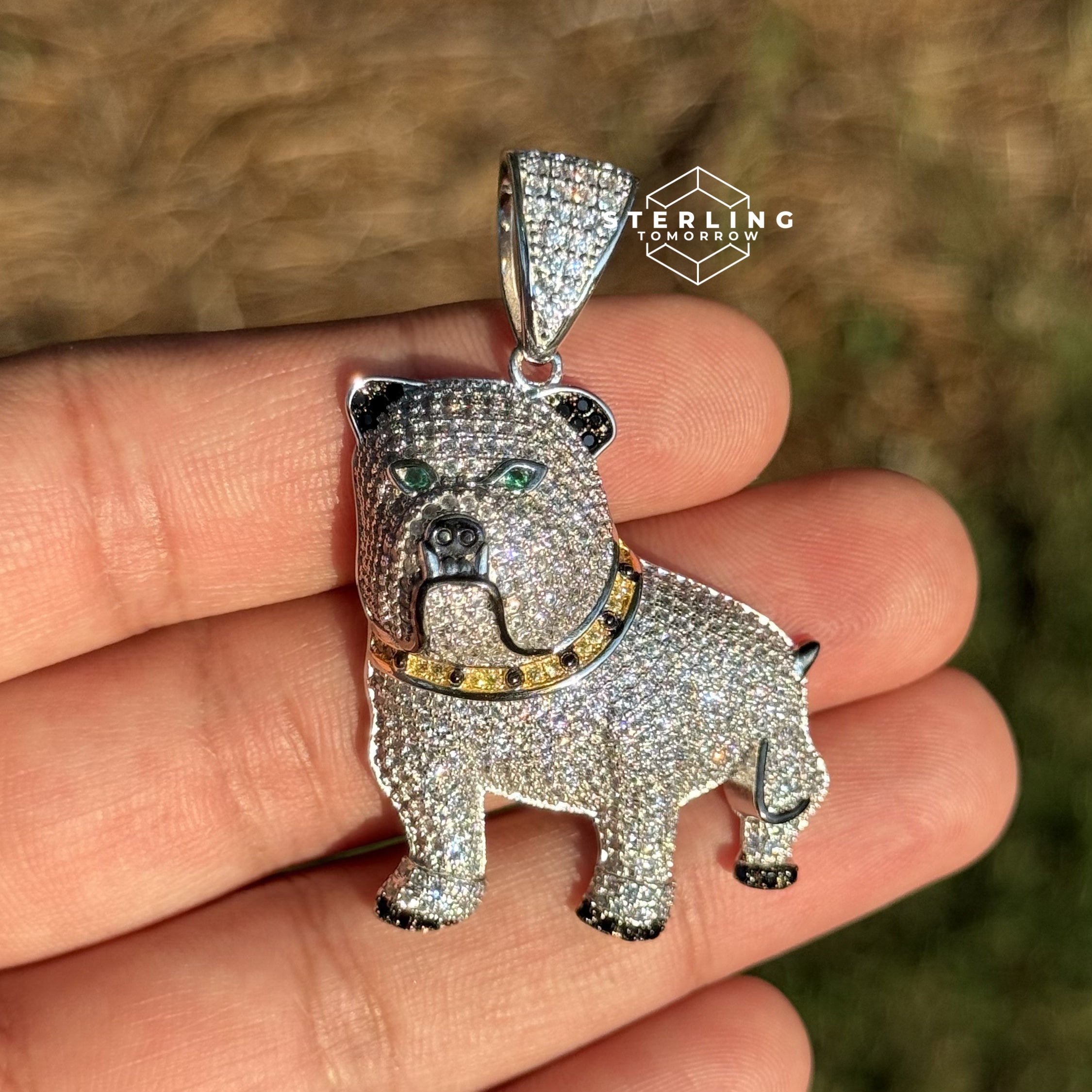 Bulldog with Green Eyes 925 Sterling Silver Pendant