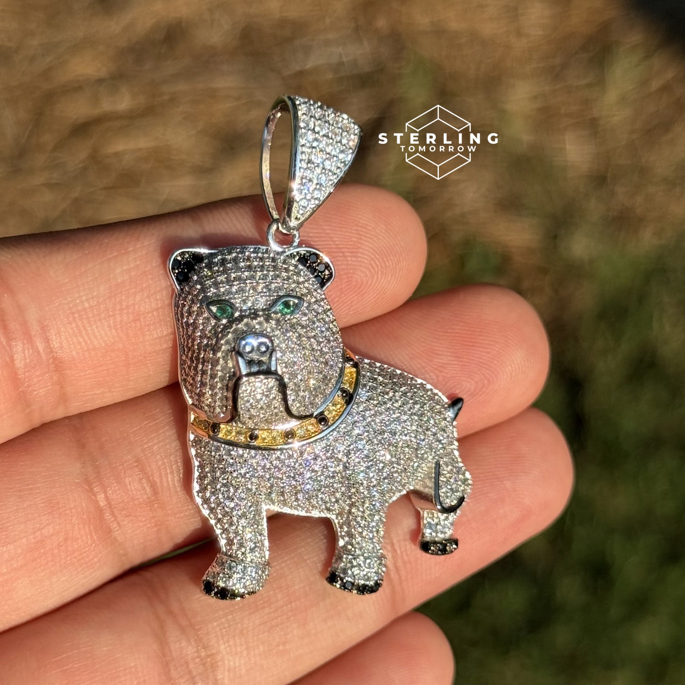 Bulldog with Green Eyes 925 Sterling Silver Pendant