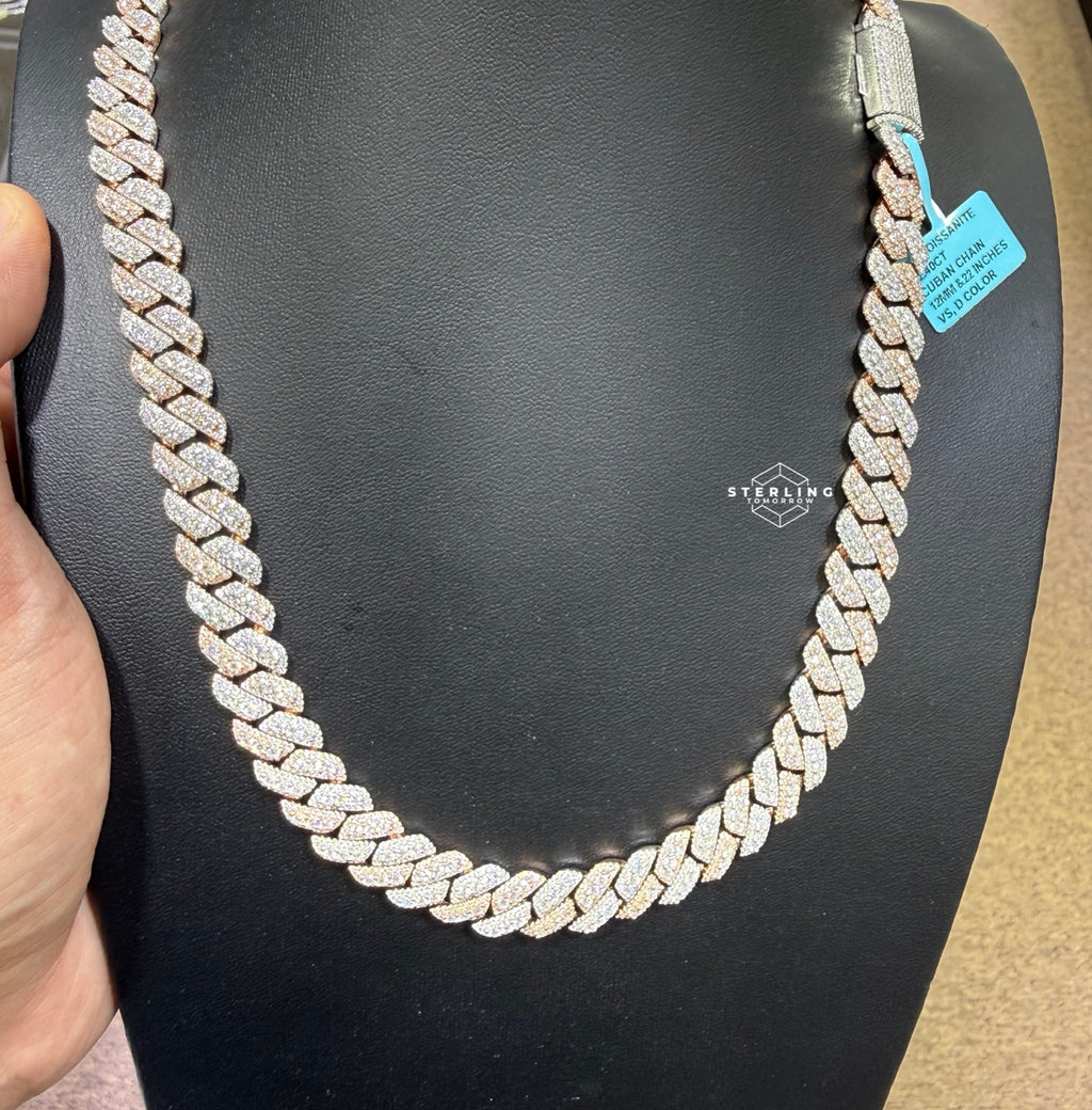 12mm 22" Rose Two Tone 3D Moissanite Cuban Chain