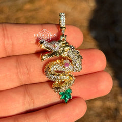Double-Sided 14K Gold Tone Dragon Pendant Iced Out
