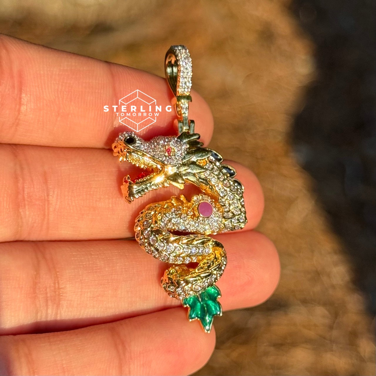 Double-Sided 14K Gold Tone Dragon Pendant Iced Out