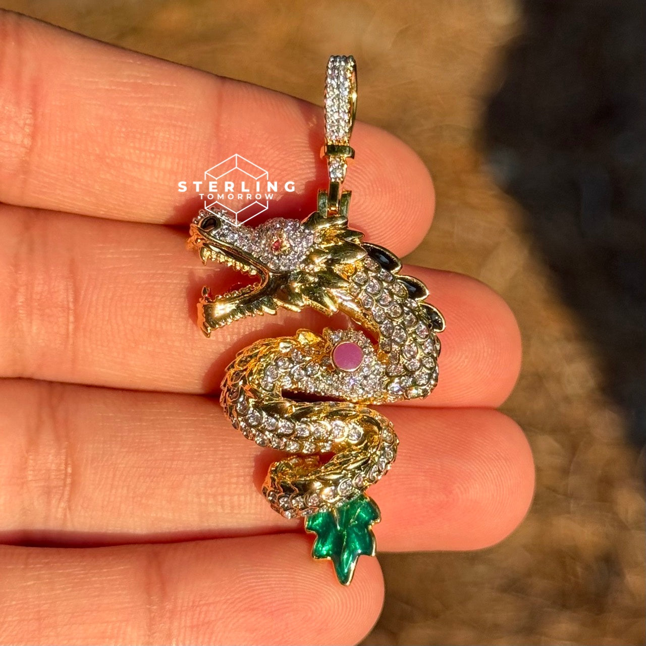 Double-Sided 14K Gold Tone Dragon Pendant Iced Out