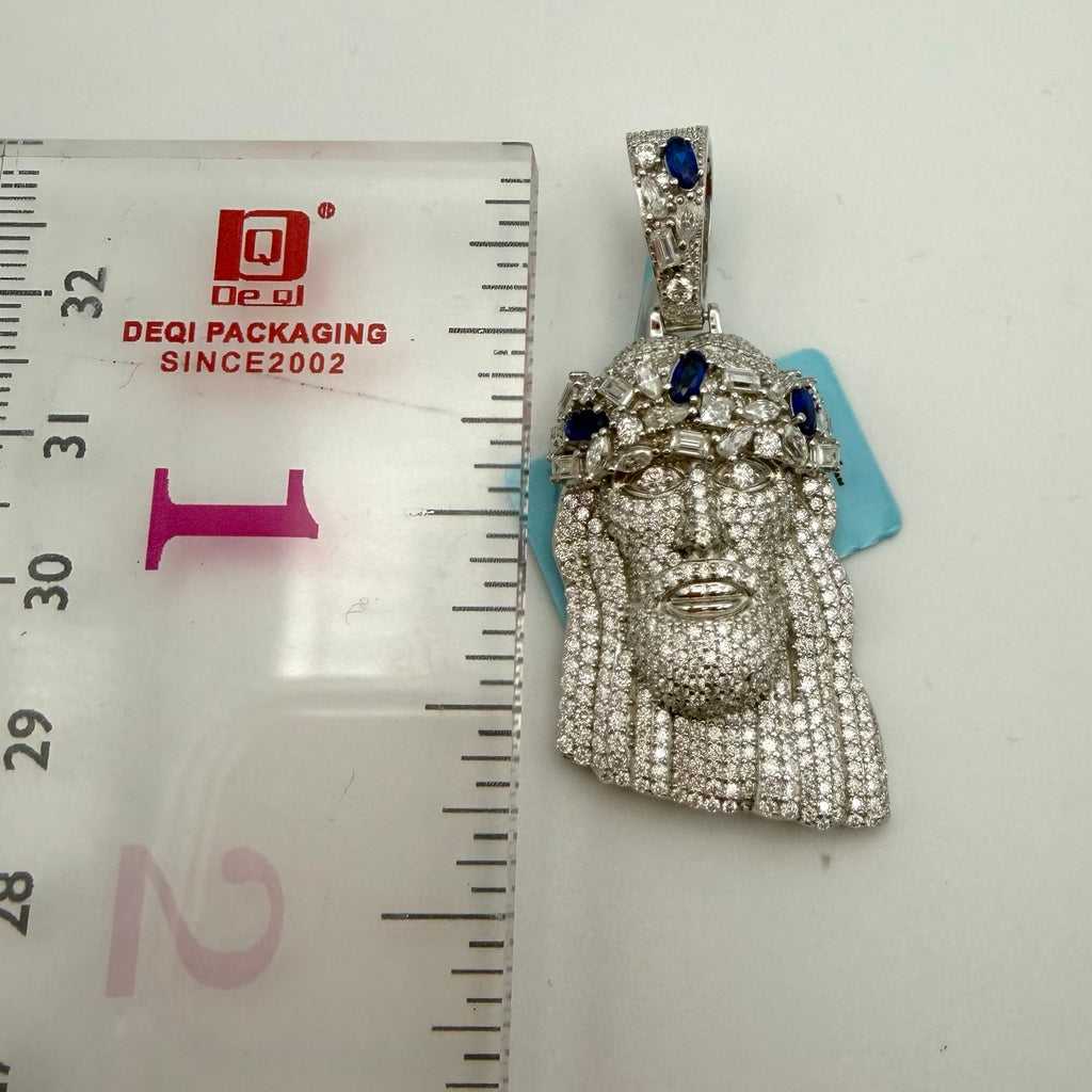 Moissanite Jesus Blue Crown 1.5" Pendant