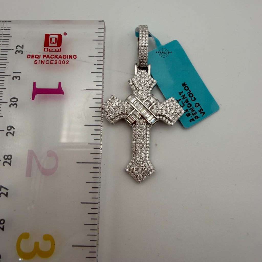 Moissanite Cross Pendant 925 Sterling Silver, Iced Out Baguette Cross Necklace, Hip Hop Jewelry Gift for Men w Rope Chain