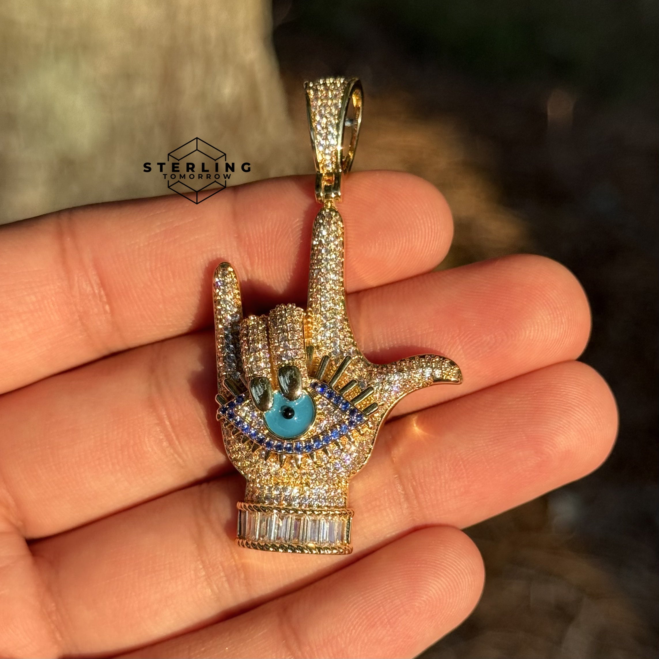 Evil Eye Hand Sign Iced Out Pendant