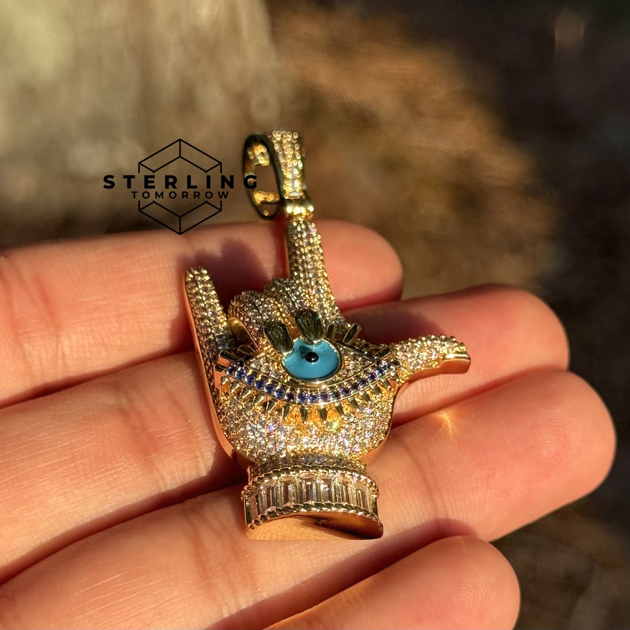Evil Eye Hand Sign Iced Out Pendant