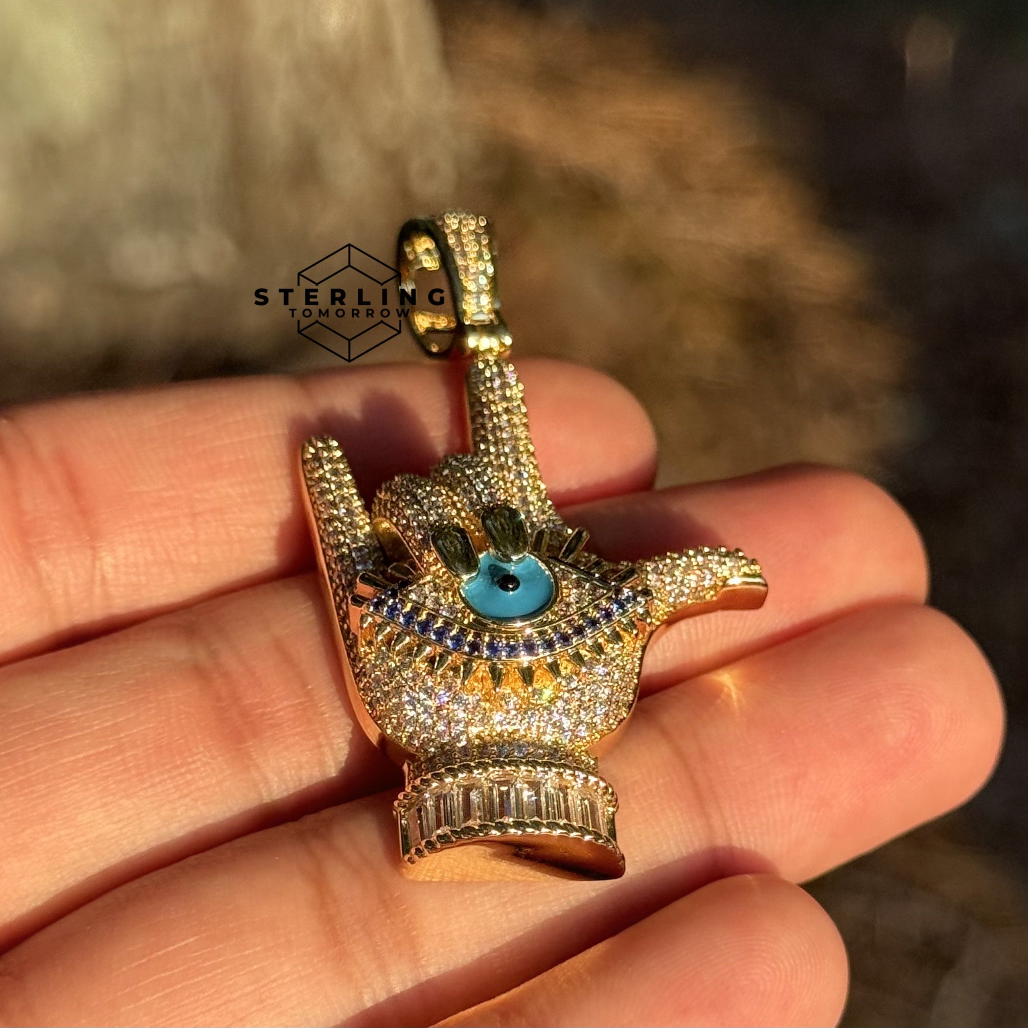 Evil Eye Hand Sign Iced Out Pendant