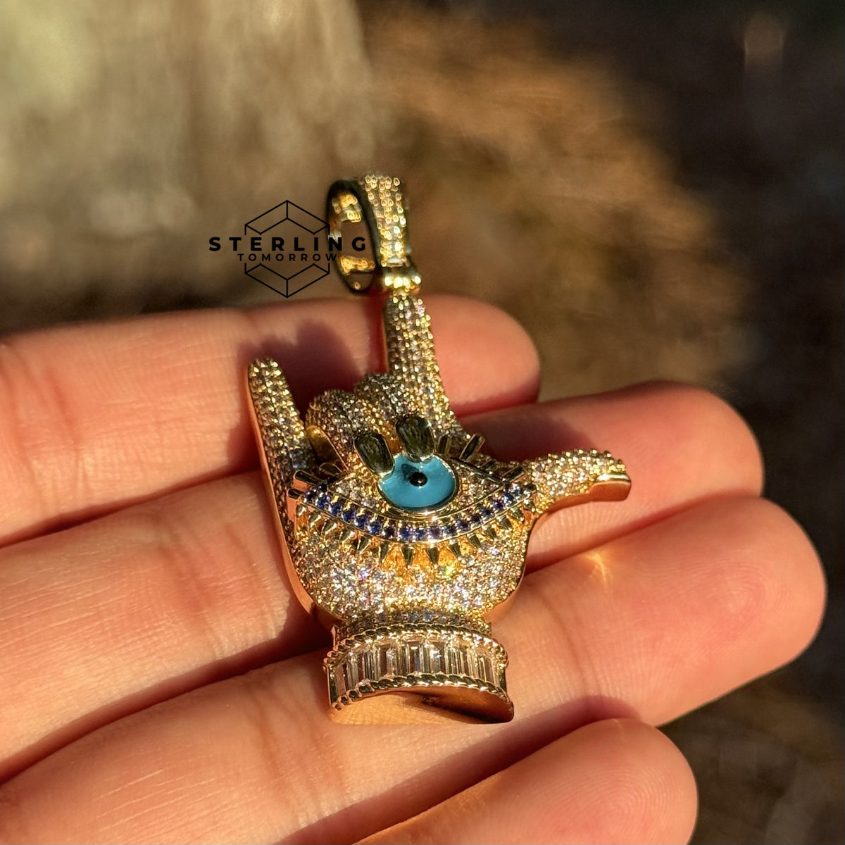 Evil Eye Hand Sign Iced Out Pendant