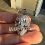 Iced Skull Pendant Bullet Design 14K White Gold Plated CZ Diamond Hip Hop Chain Skull Bling Necklace Mens Streetwear Jewelry Rope Chain