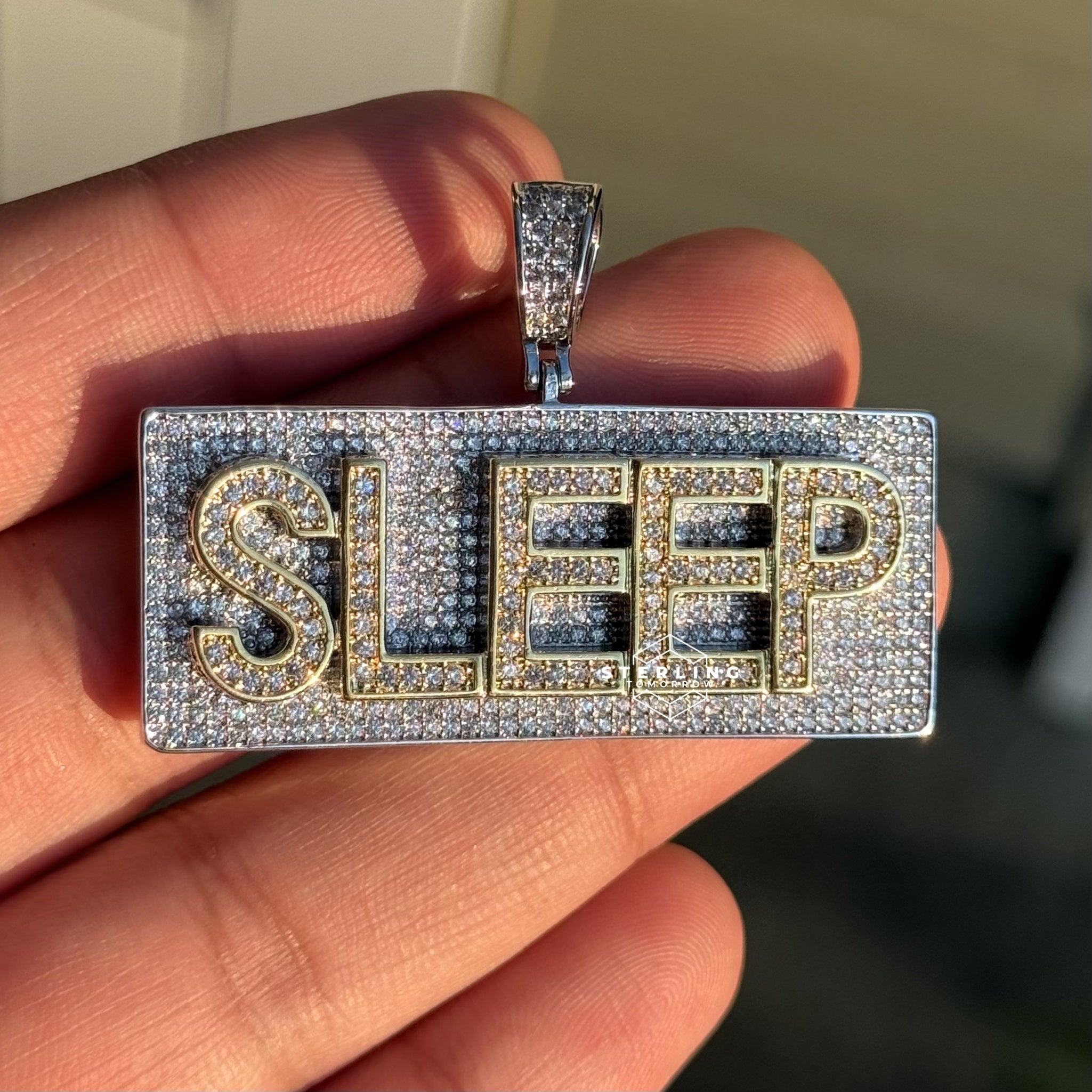 Sleep Name Plate Iced Out Gold Tone Pendant with Rope chain