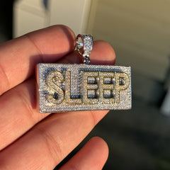 Sleep Name Plate Iced Out Gold Tone Pendant with Rope chain