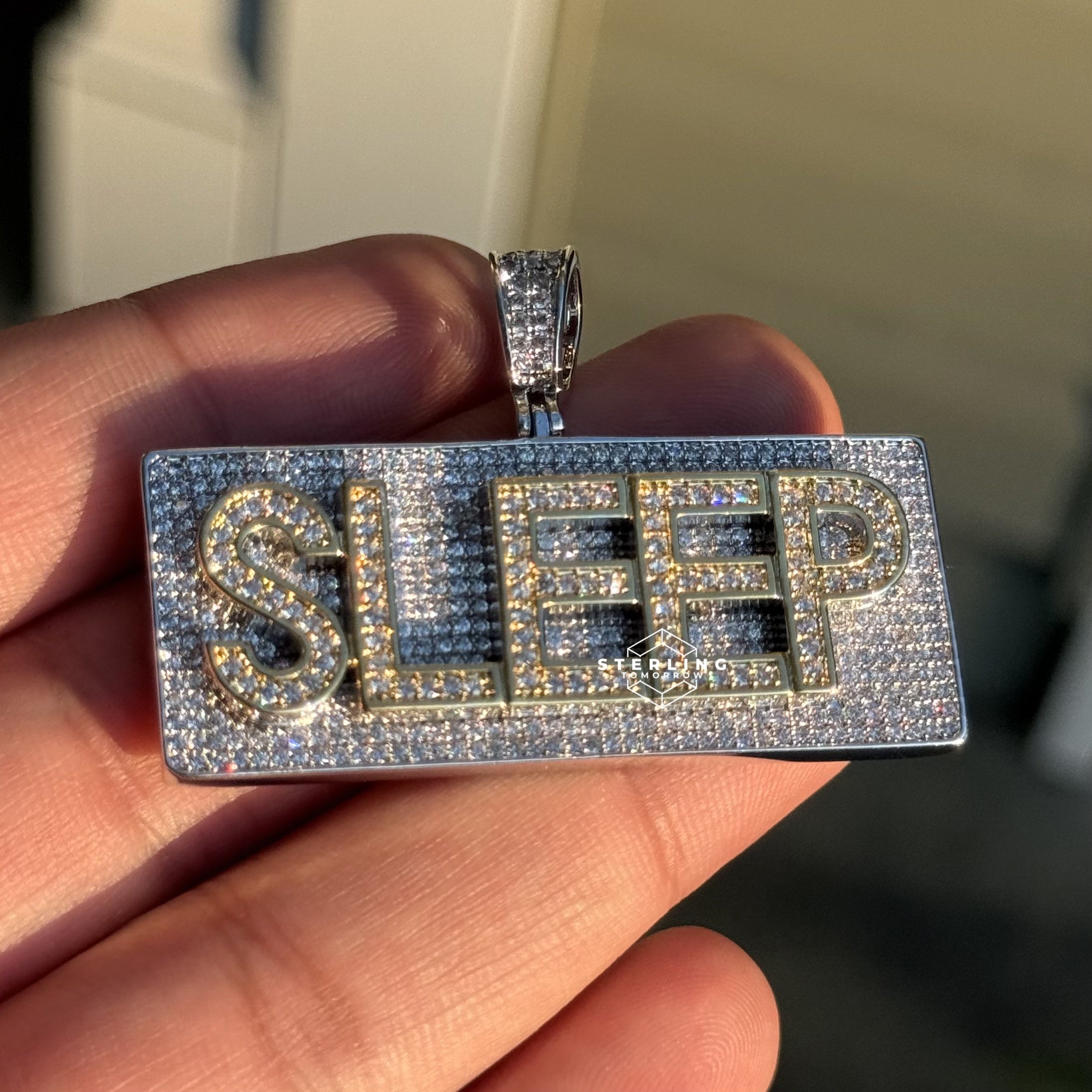 Sleep Name Plate Iced Out Gold Tone Pendant with Rope chain