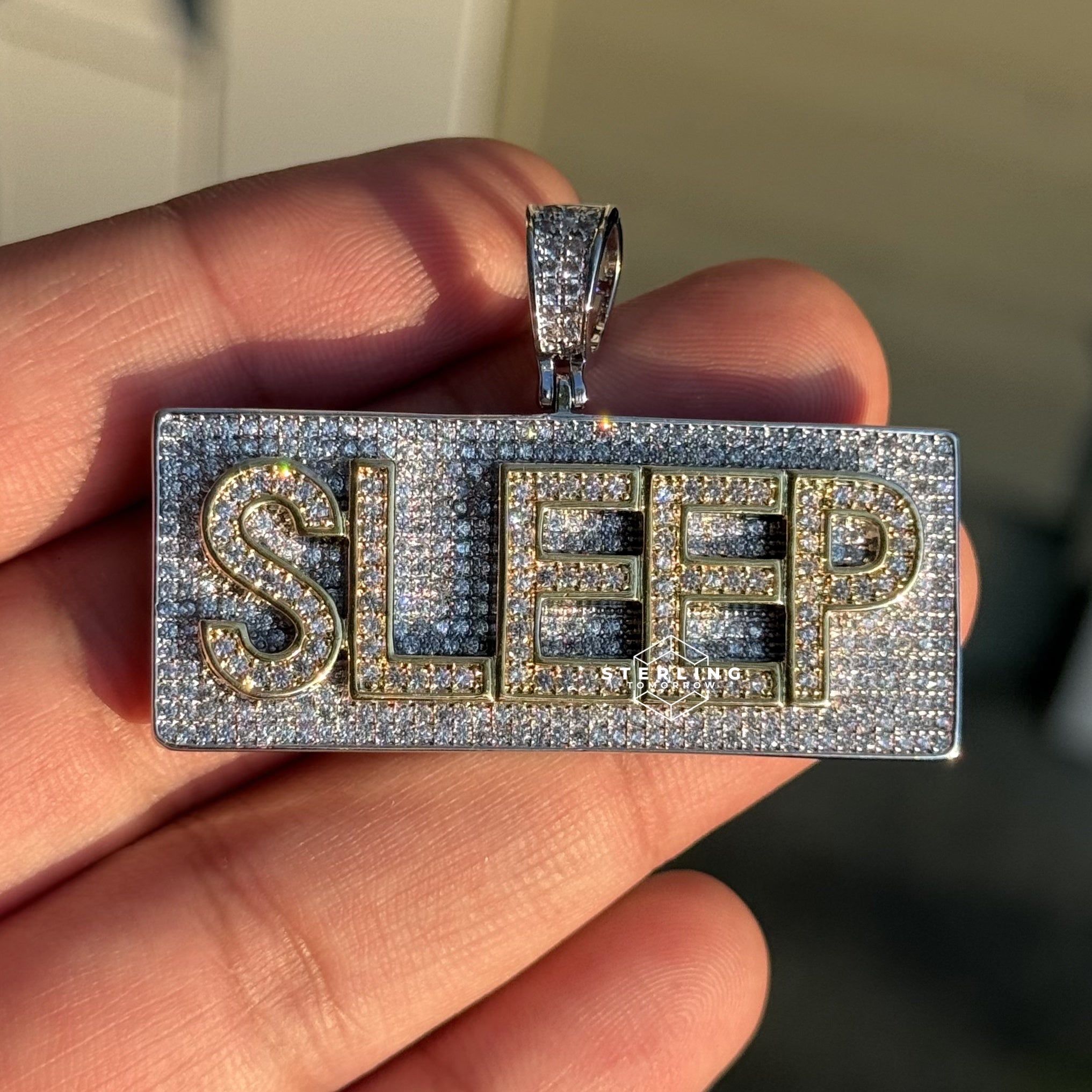 Sleep Name Plate Iced Out Gold Tone Pendant with Rope chain