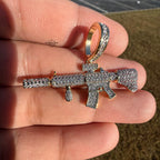 Rifle 14k Gold Plated Iced CZ Pendant + Free Steel Rope Chain