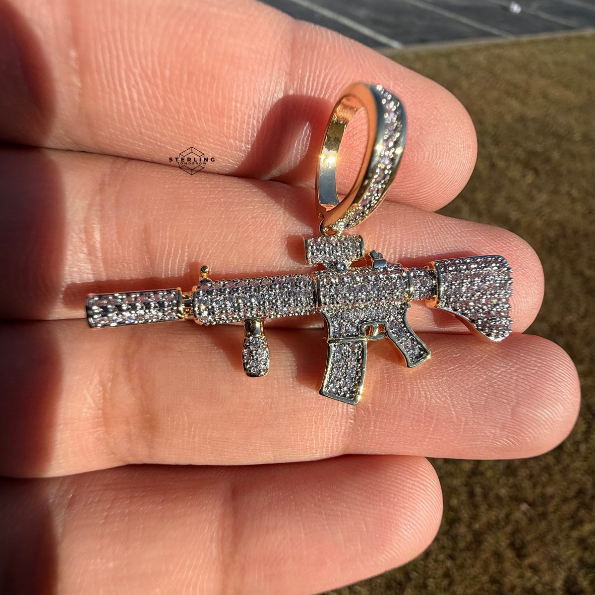 Rifle 14k Gold Plated Iced CZ Pendant + Free Steel Rope Chain