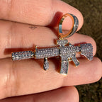 Rifle 14k Gold Plated Iced CZ Pendant + Free Steel Rope Chain
