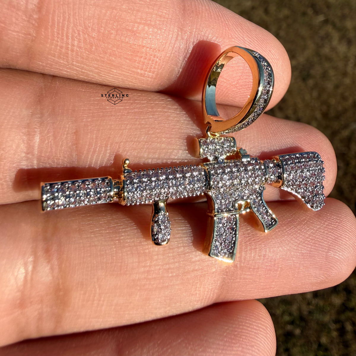 Rifle 14k Gold Plated Iced CZ Pendant + Free Steel Rope Chain