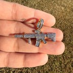 Rifle 14k Gold Plated Iced CZ Pendant + Free Steel Rope Chain