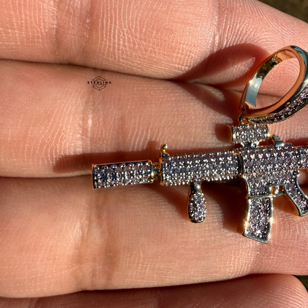 Rifle 14k Gold Plated Iced CZ Pendant + Free Steel Rope Chain