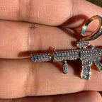 Rifle 14k Gold Plated Iced CZ Pendant + Free Steel Rope Chain