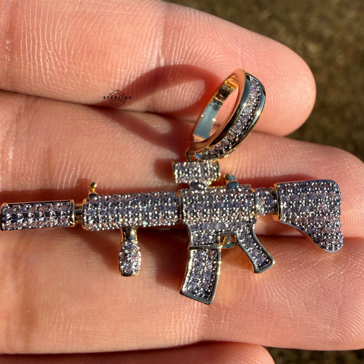 Rifle 14k Gold Plated Iced CZ Pendant + Free Steel Rope Chain