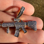 Rifle 14k Gold Plated Iced CZ Pendant + Free Steel Rope Chain