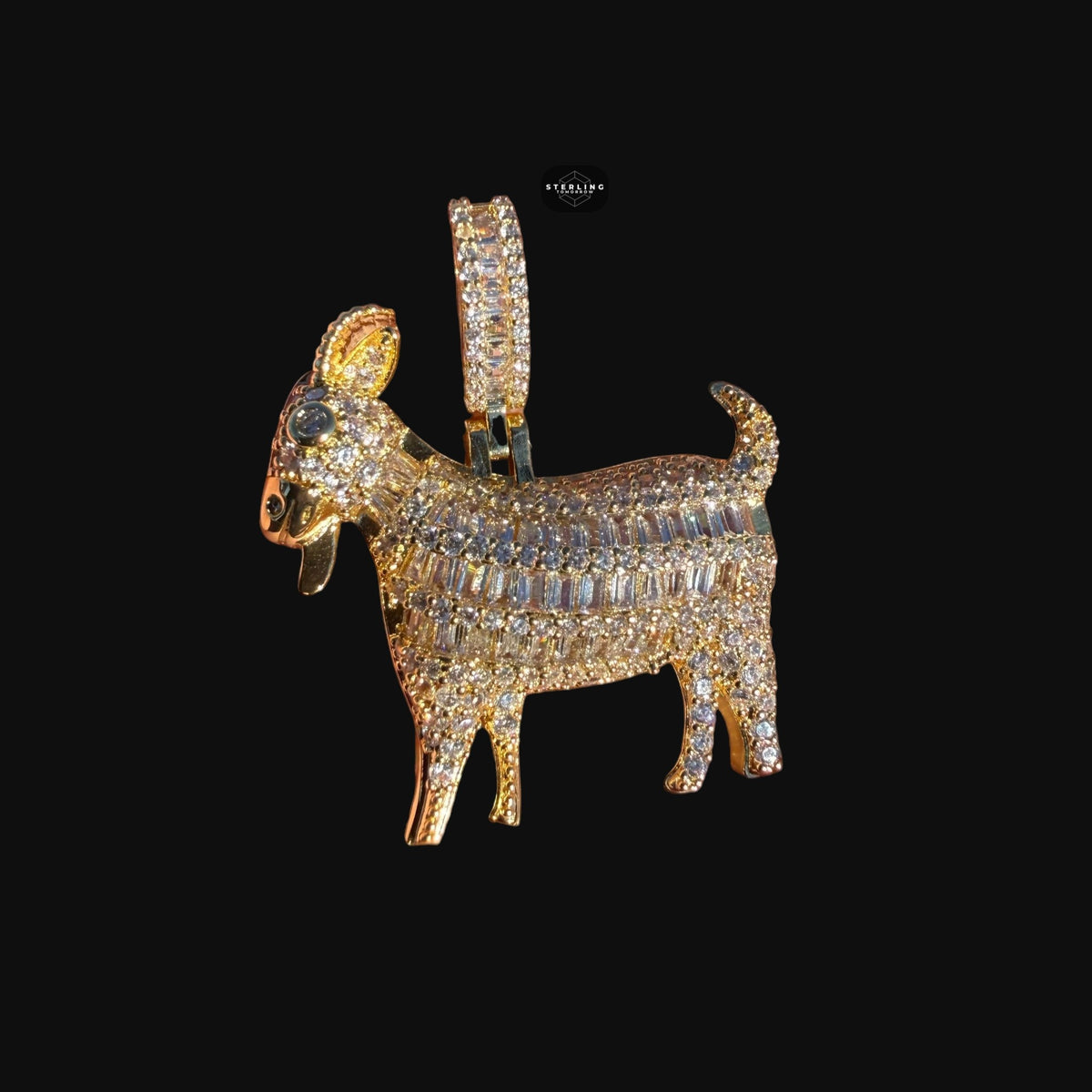 Iced Out Goat Pendant | 14K Gold Plated Baguette CZ Goat Necklace, Farm Animal Hip Hop Pendant with Free Rope Chain