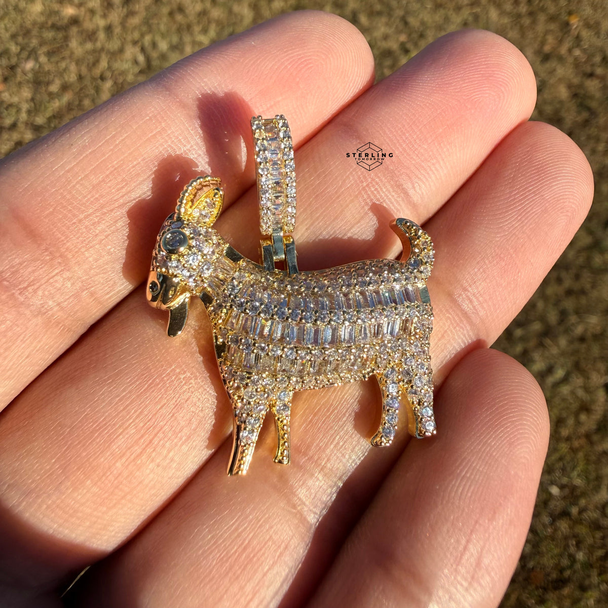 Iced Out Goat Pendant | 14K Gold Plated Baguette CZ Goat Necklace, Farm Animal Hip Hop Pendant with Free Rope Chain
