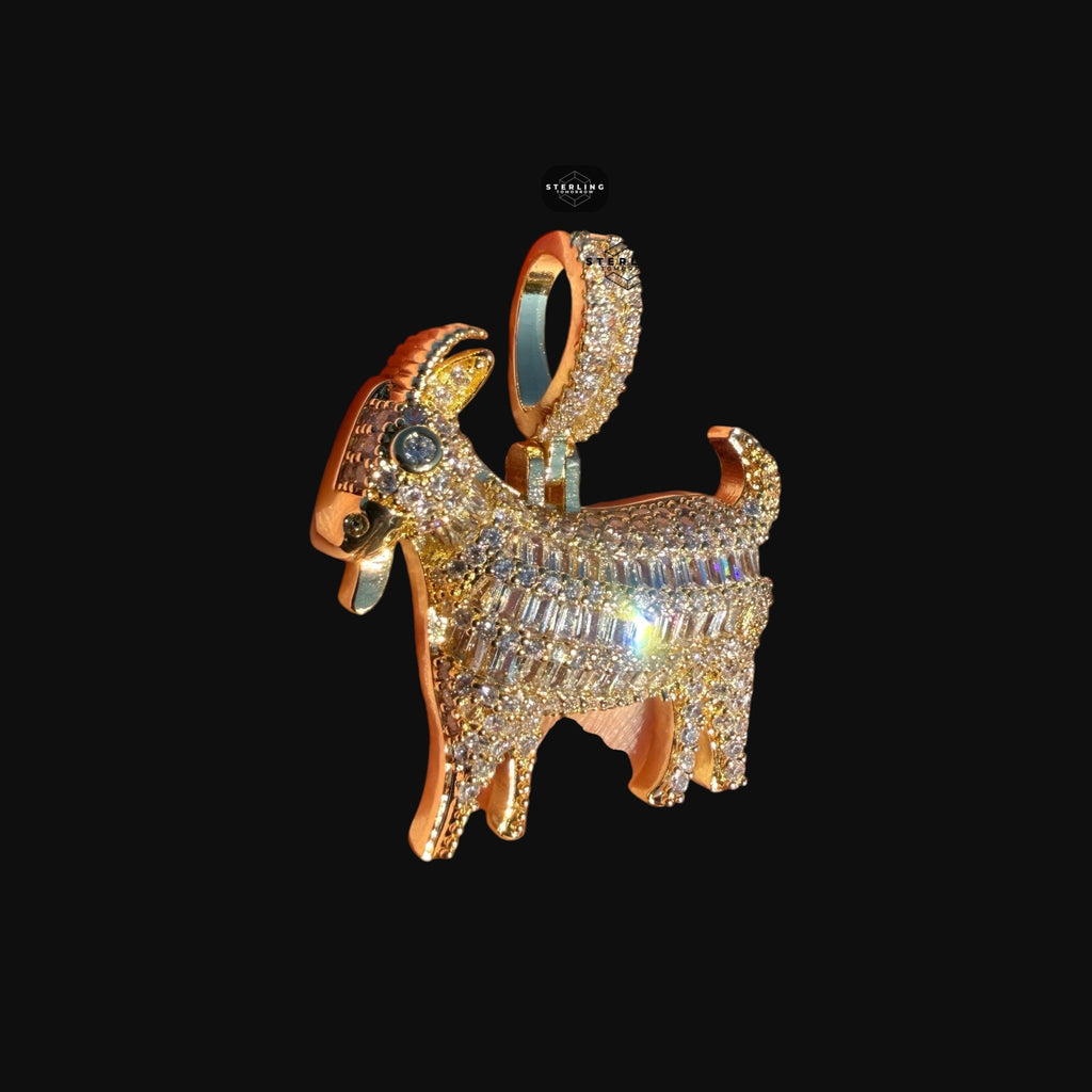 Iced Out Goat Pendant | 14K Gold Plated Baguette CZ Goat Necklace, Farm Animal Hip Hop Pendant with Free Rope Chain