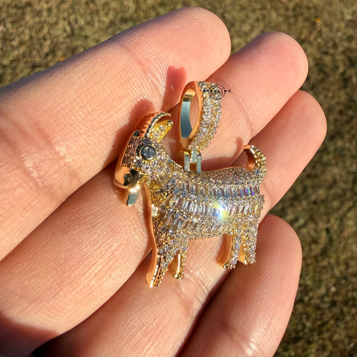 Iced Out Goat Pendant | 14K Gold Plated Baguette CZ Goat Necklace, Farm Animal Hip Hop Pendant with Free Rope Chain