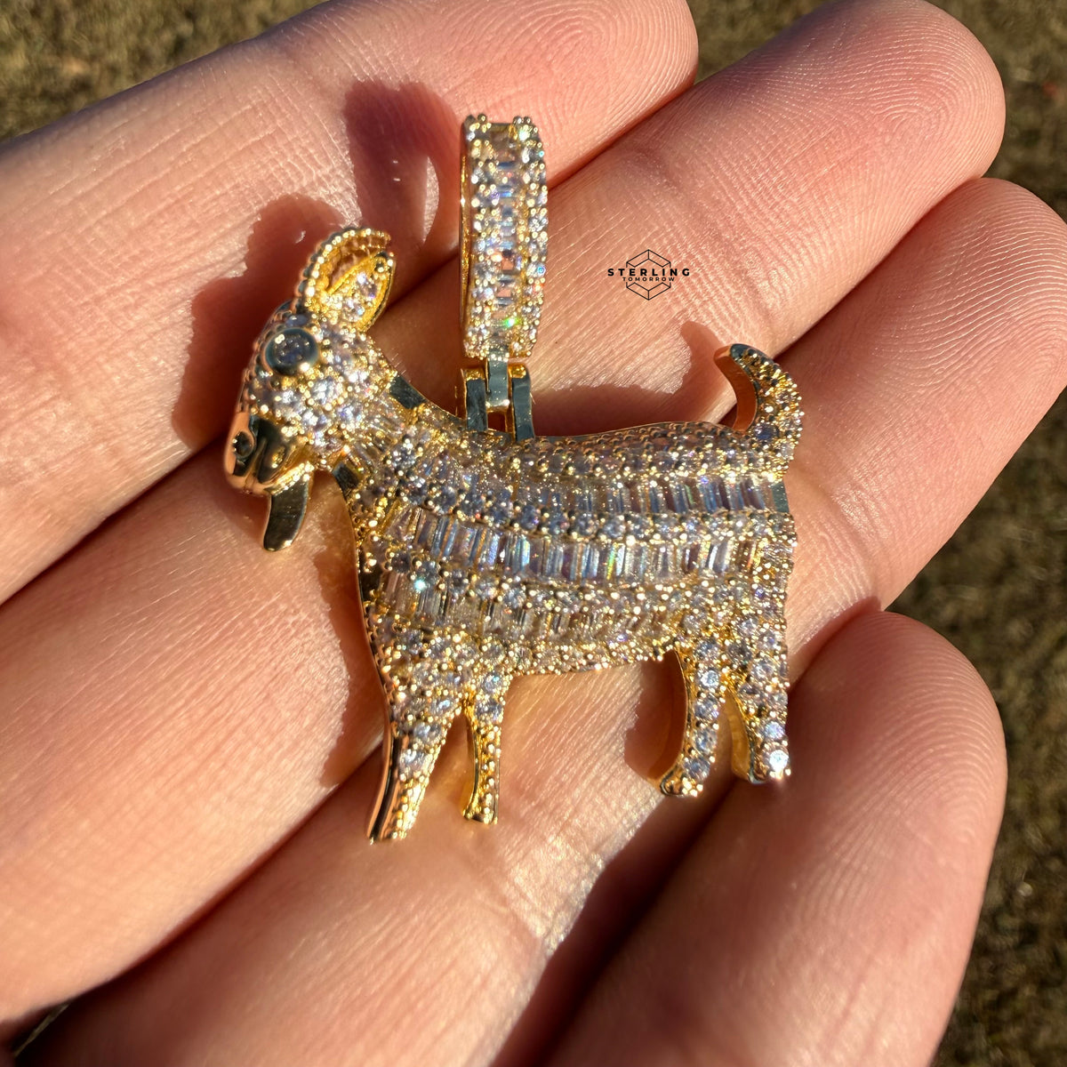 Iced Out Goat Pendant | 14K Gold Plated Baguette CZ Goat Necklace, Farm Animal Hip Hop Pendant with Free Rope Chain