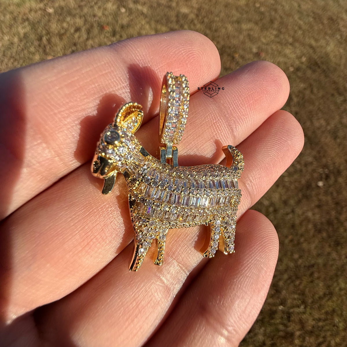 Baguette Goat 14k Gold Plated Iced CZ Pendant + Free Steel Rope Chain