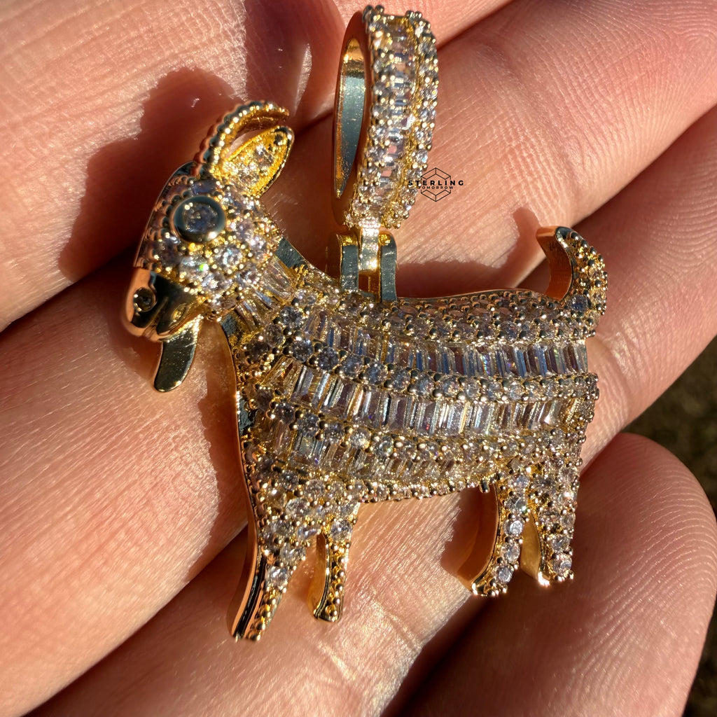 Iced Out Goat Pendant | 14K Gold Plated Baguette CZ Goat Necklace, Farm Animal Hip Hop Pendant with Free Rope Chain
