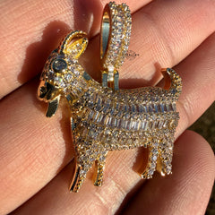 Baguette Goat 14k Gold Plated Iced CZ Pendant + Free Steel Rope Chain
