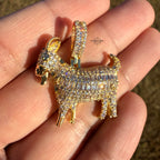 Iced Out Goat Pendant | 14K Gold Plated Baguette CZ Goat Necklace, Farm Animal Hip Hop Pendant with Free Rope Chain
