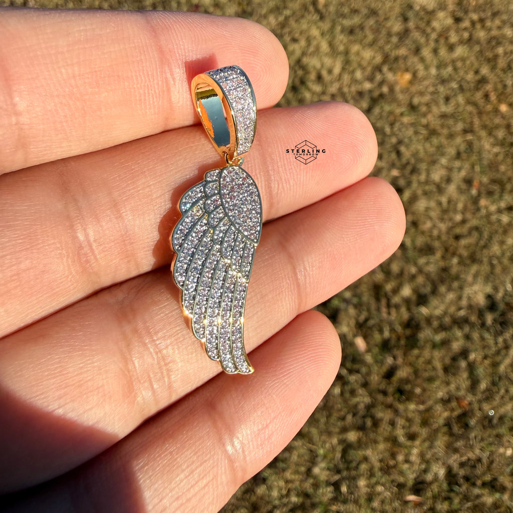 Angel Wing 14k Gold Plated Iced CZ Pendant + Free Steel Rope Chain