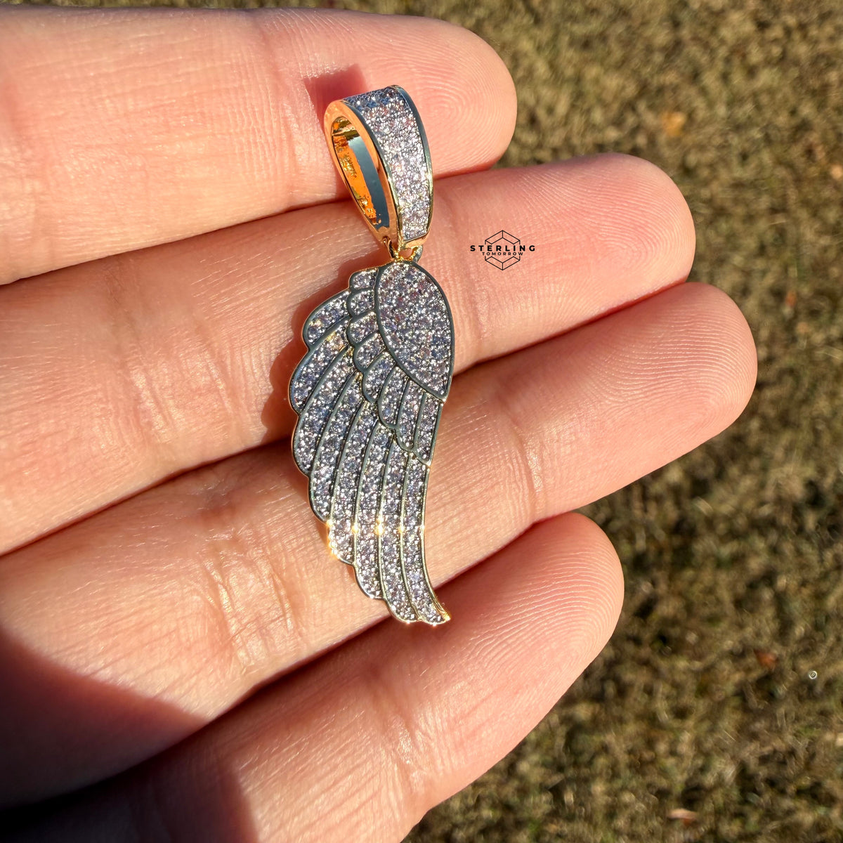 Angel Wing 14k Gold Plated Iced CZ Pendant + Free Steel Rope Chain