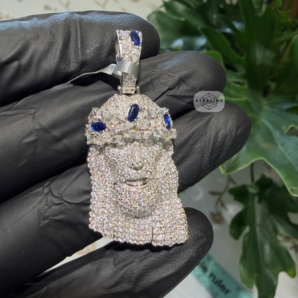 Moissanite Jesus Blue Crown 1.5" Pendant
