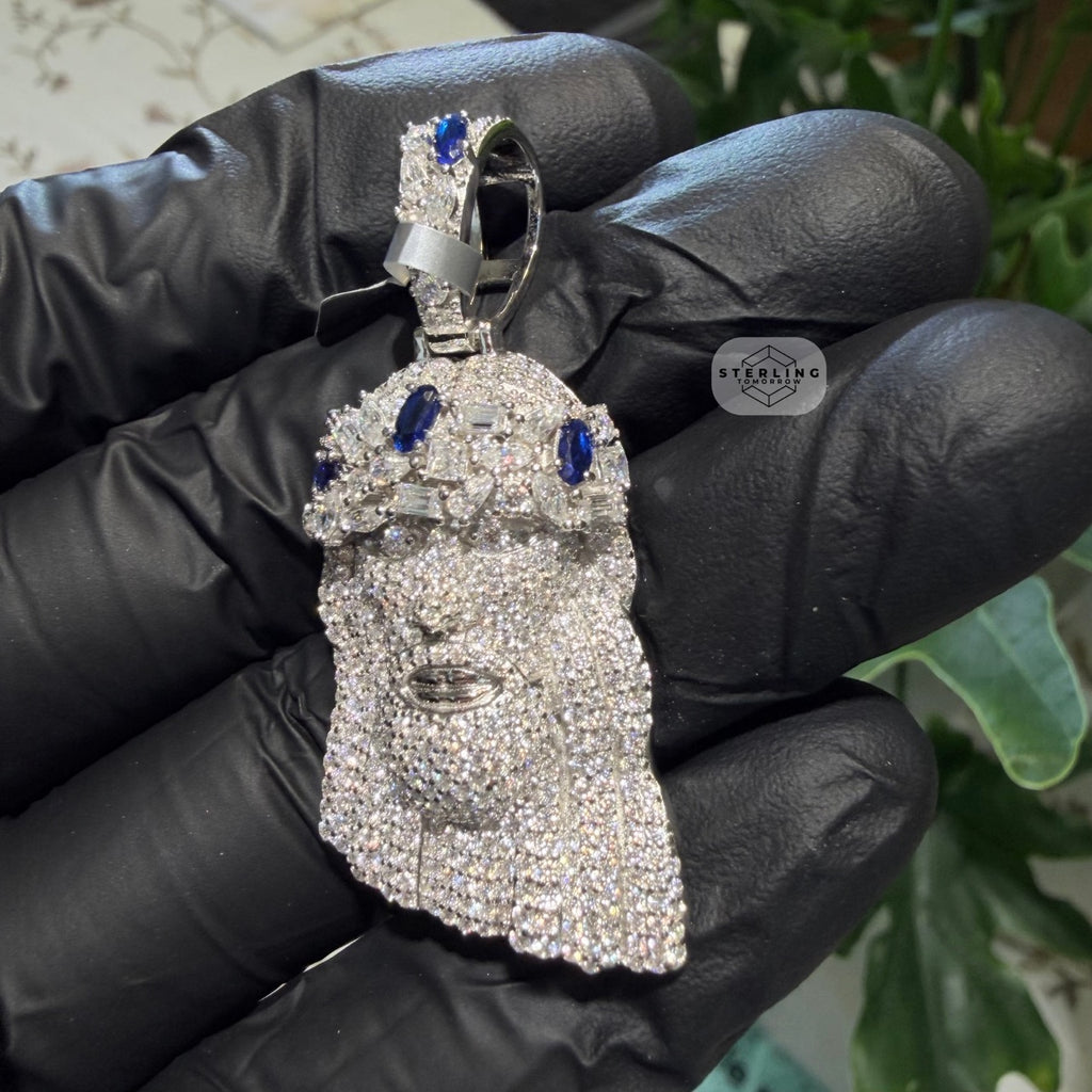 Moissanite Jesus Blue Crown 1.5" Pendant
