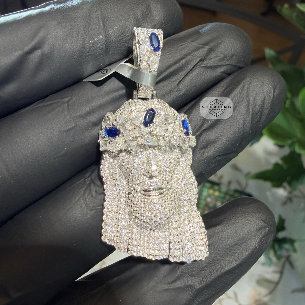 Moissanite Jesus Blue Crown 1.5" Pendant