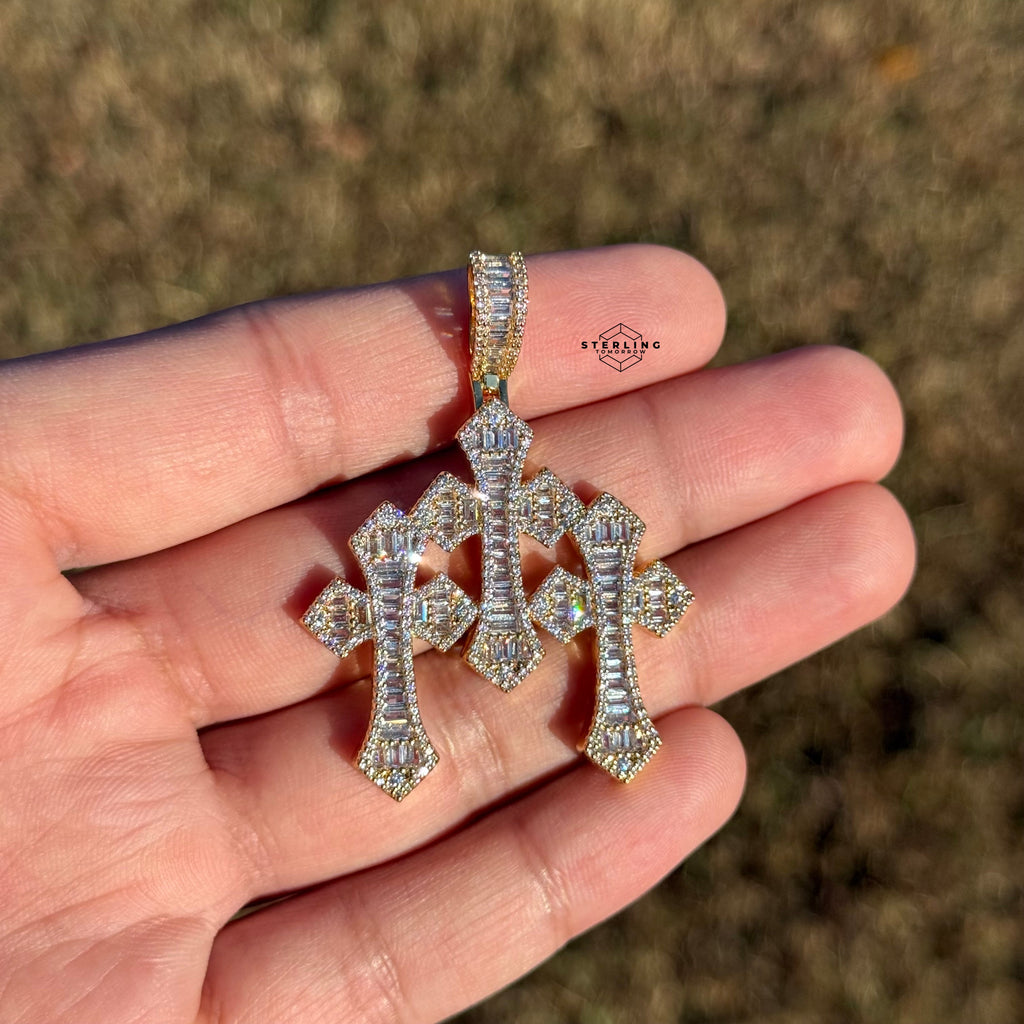 Triple Cross Baguette 14k Gold Plated Iced CZ Pendant + Free Steel Rope Chain