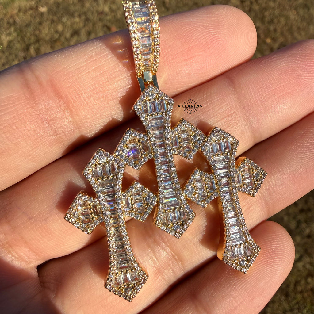 Triple Cross Baguette 14k Gold Plated Iced CZ Pendant + Free Steel Rope Chain
